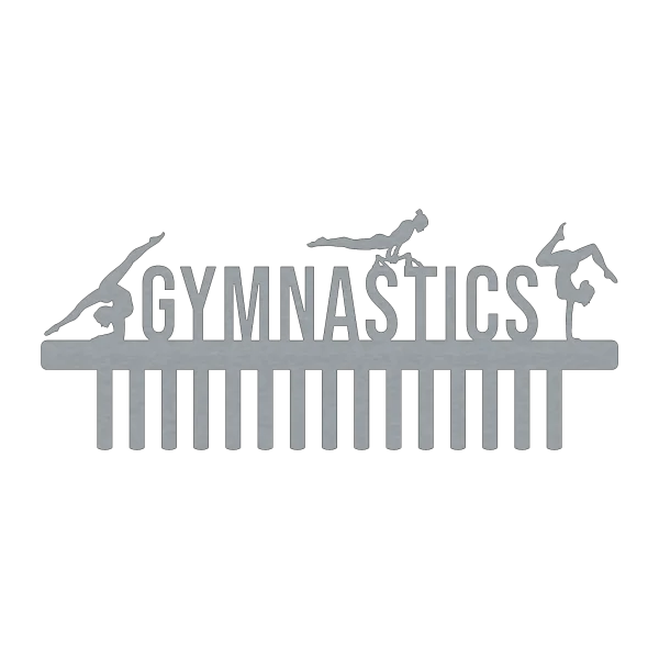 A laser-cut steel medal holder with the word 'GYMNASTICS' and three female gymnast silhouettes on top, featuring 15 hooks for medals.